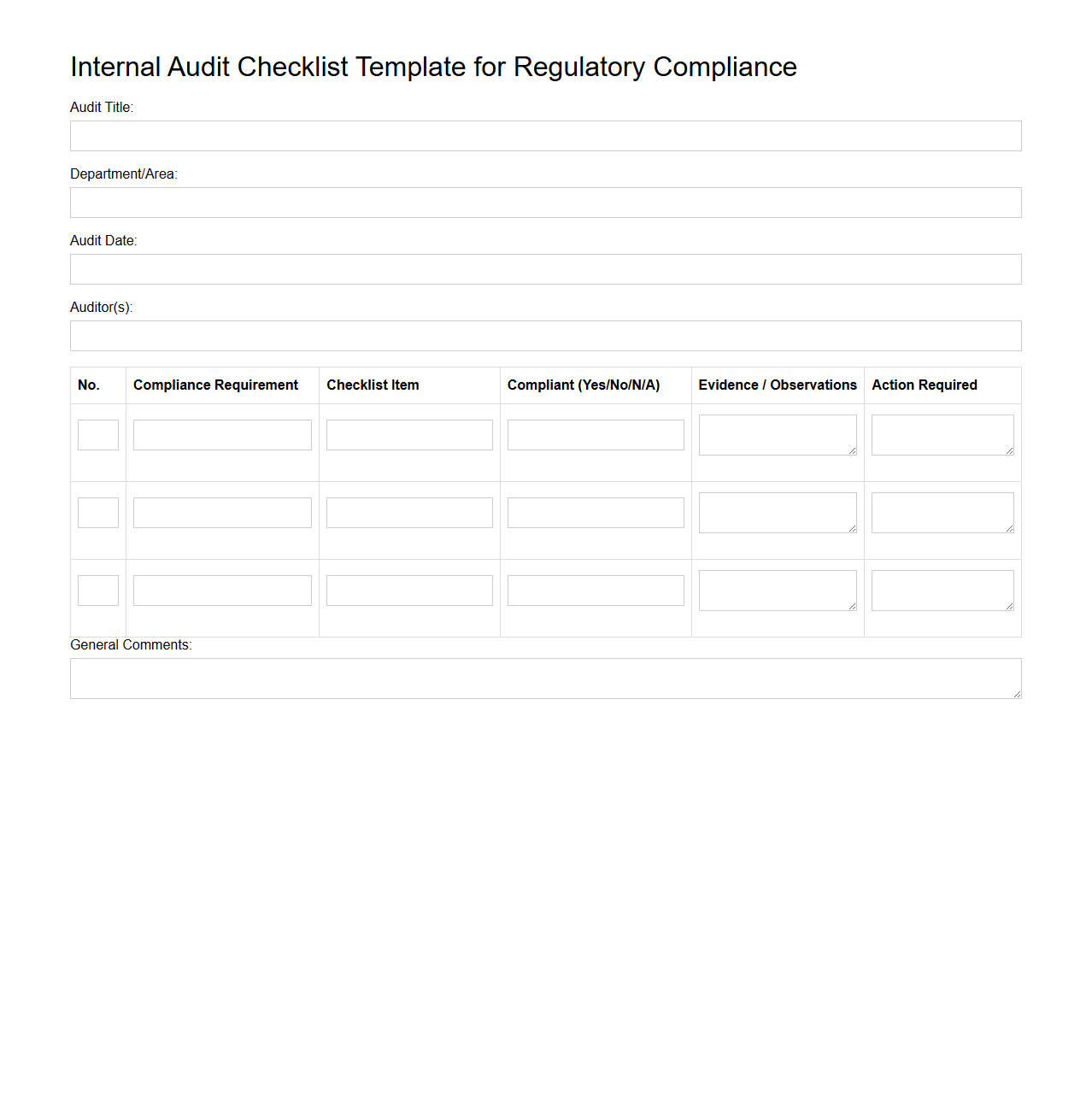 Blank Internal Audit Checklist Template for Regulatory Compliance