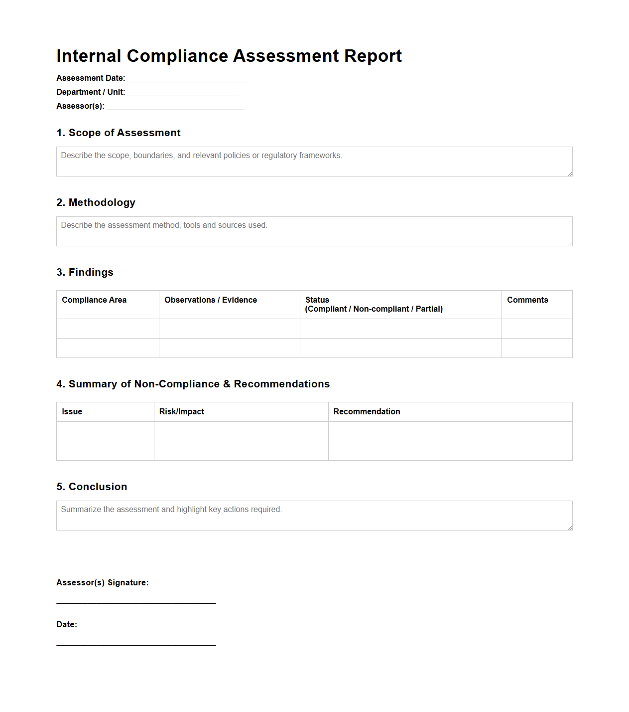 Blank Internal Compliance Assessment Report Template