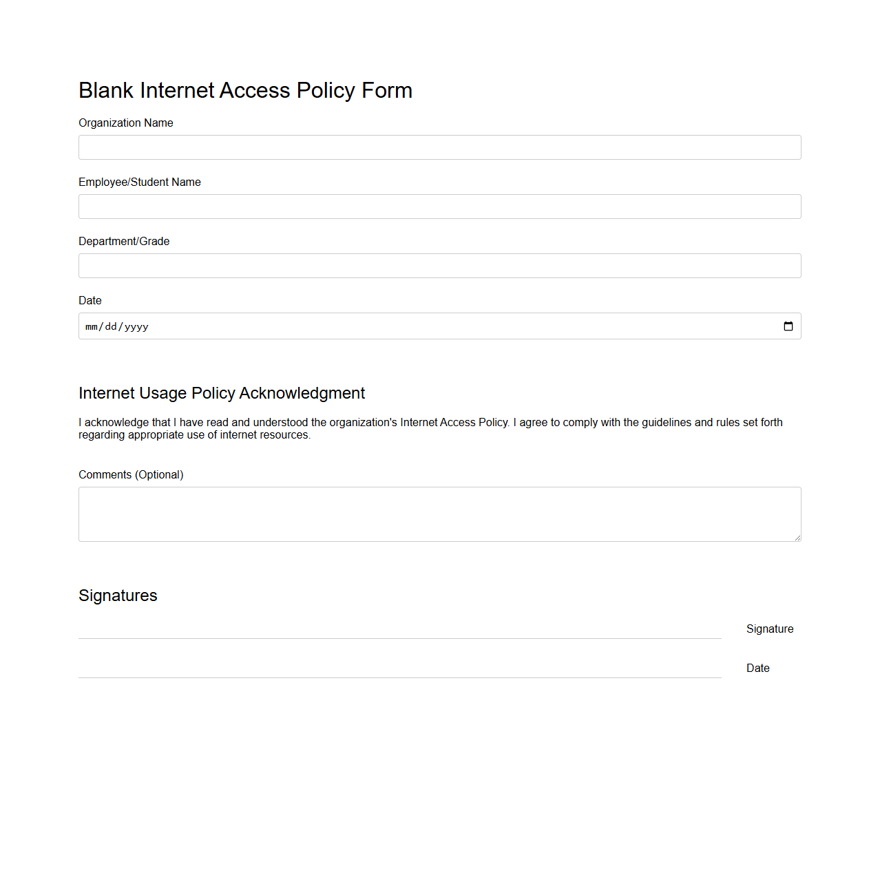 Blank Internet Access Policy Form