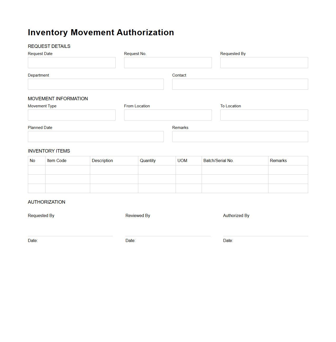 Blank Inventory Movement Authorization Template