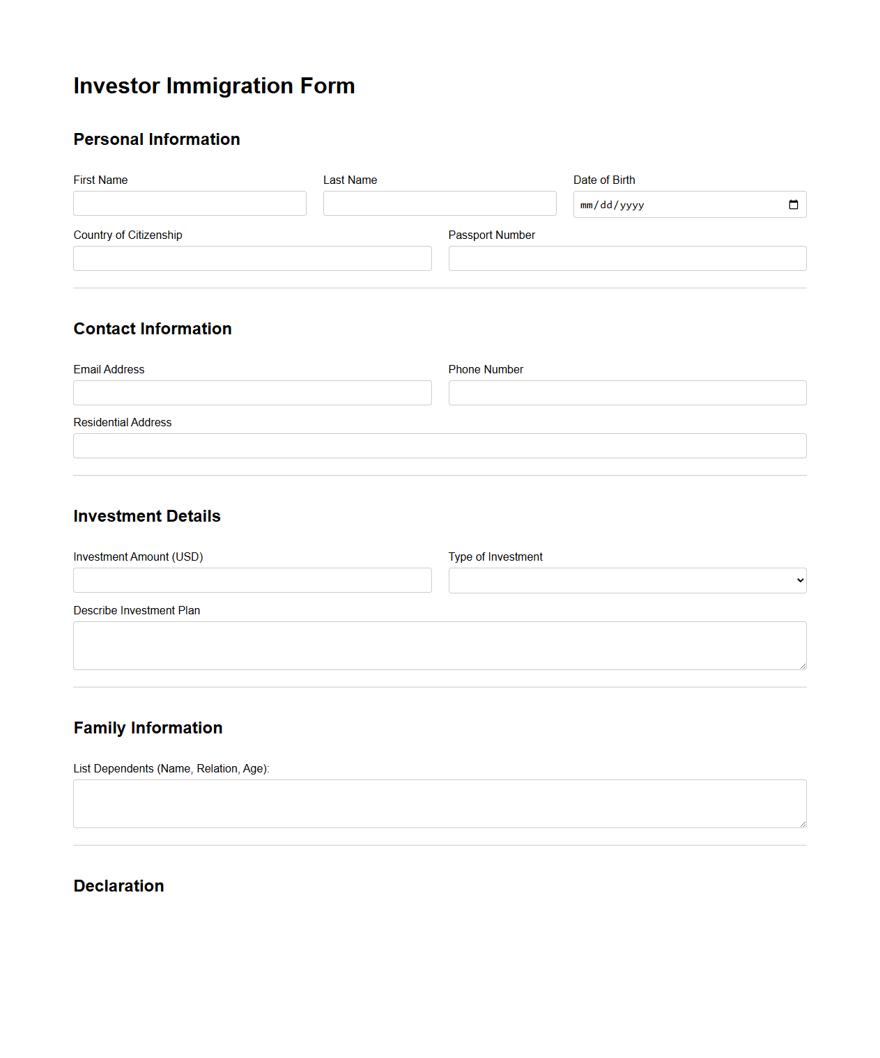 Blank Investor Immigration Form