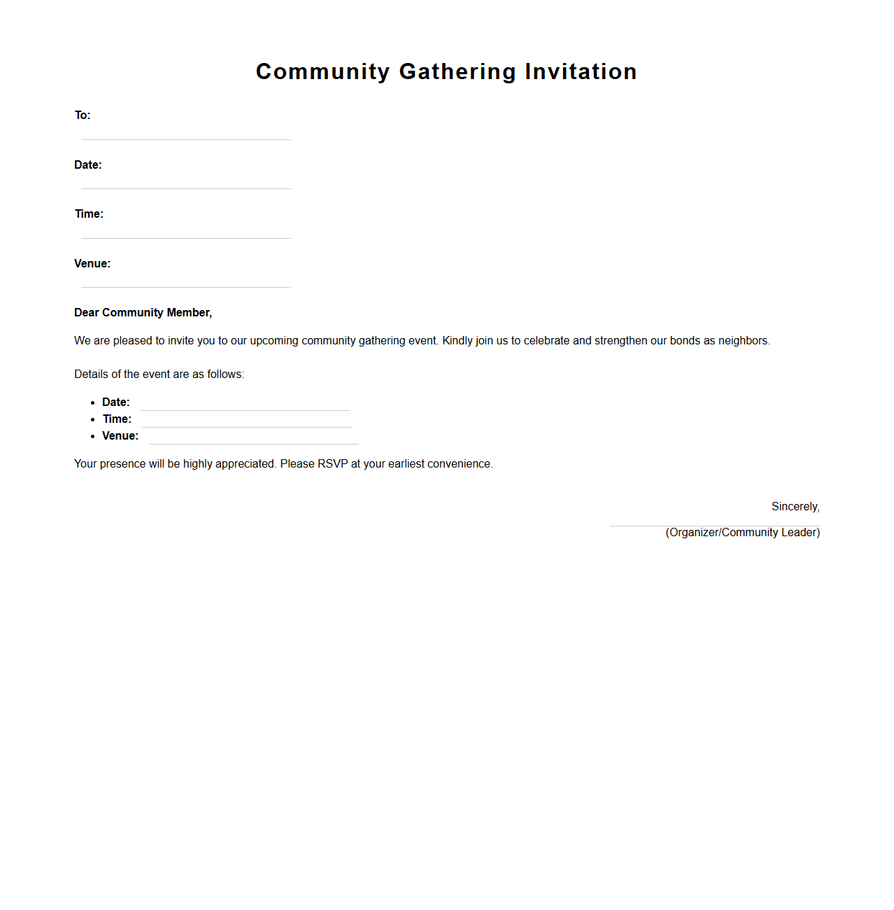 Blank Invitation Letter Template for Community Gathering Events