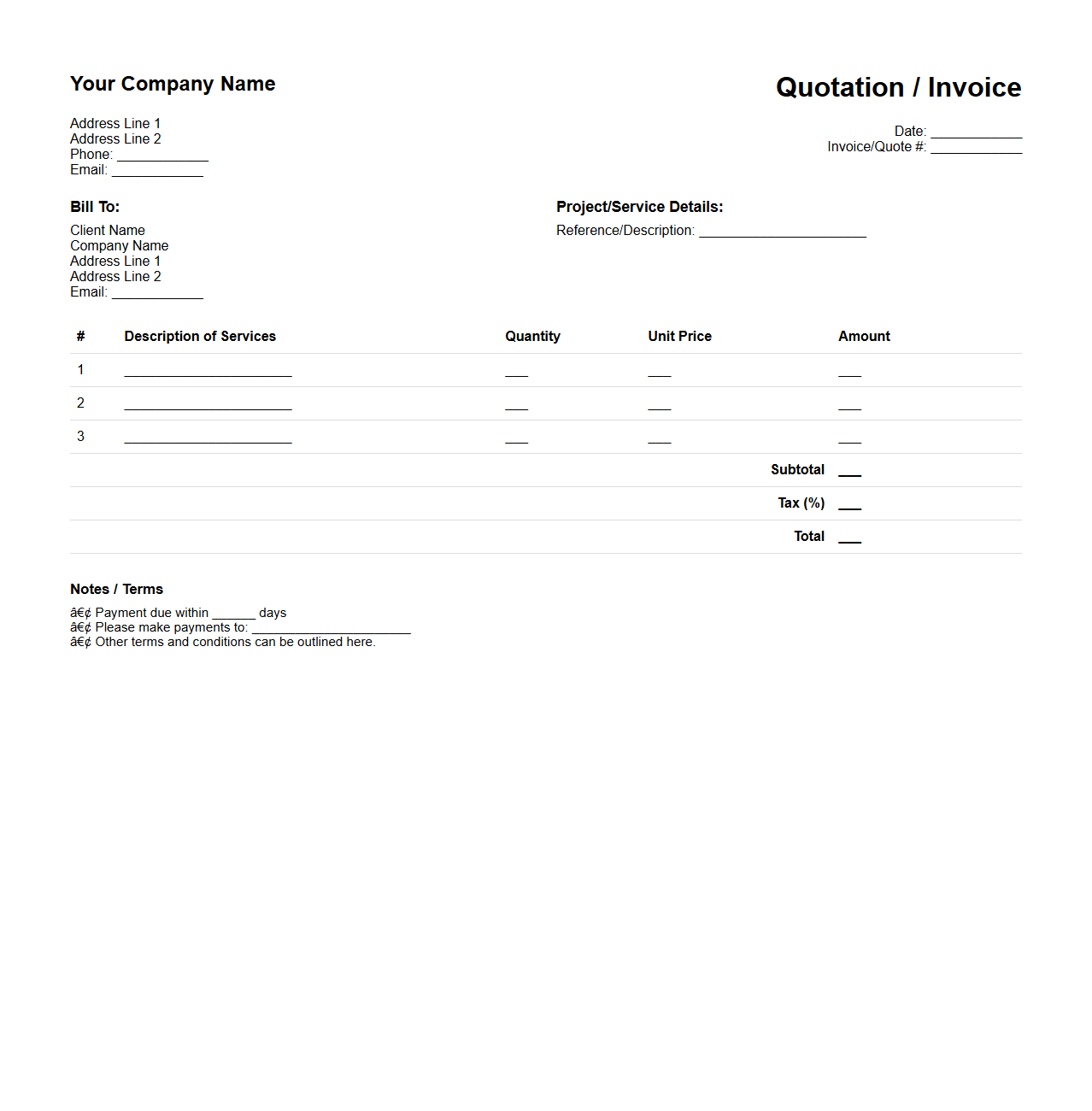 Blank Invoice Quotation Template for Business Services