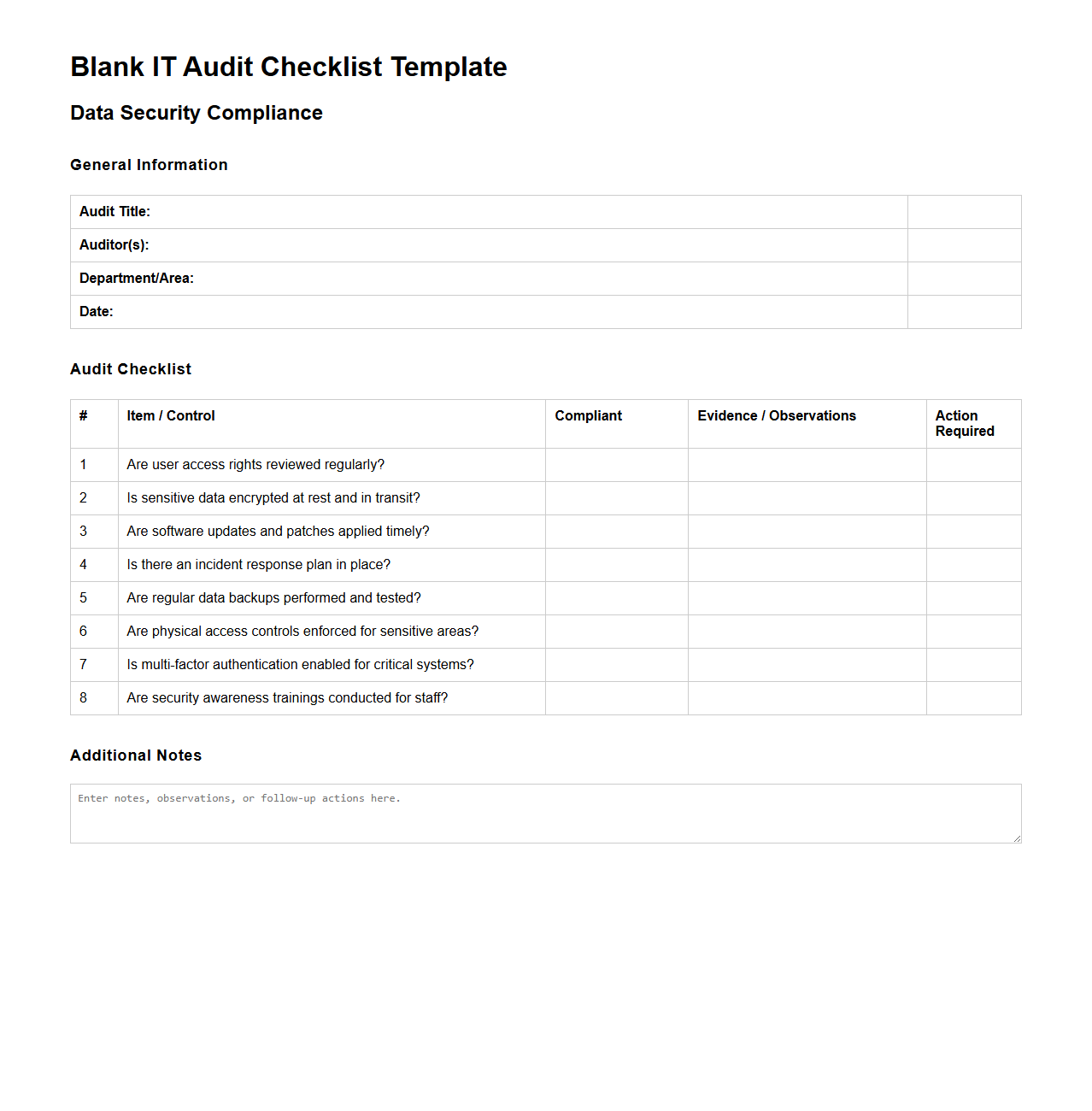 Blank IT Audit Checklist Template for Data Security Compliance
