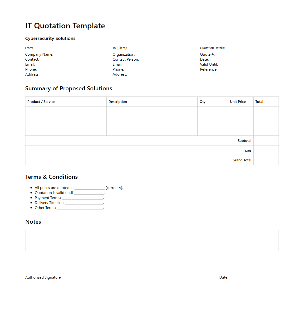 Blank IT Quotation Template for Cybersecurity Solutions