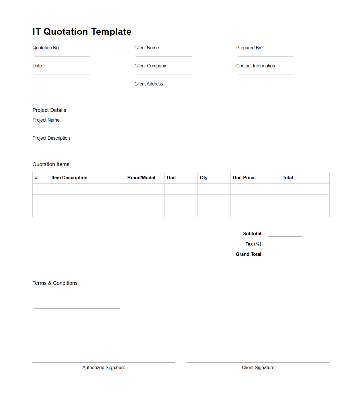 Blank IT Quotation Template for IT Infrastructure Setup