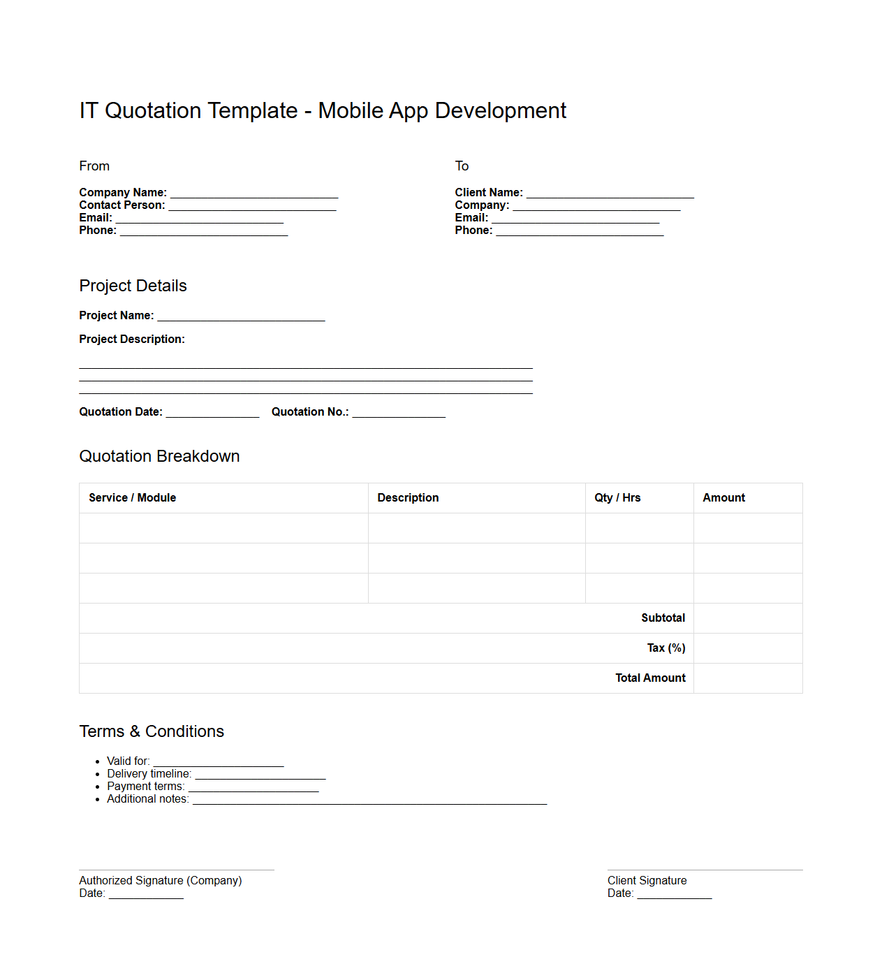 Blank IT Quotation Template for Mobile App Development