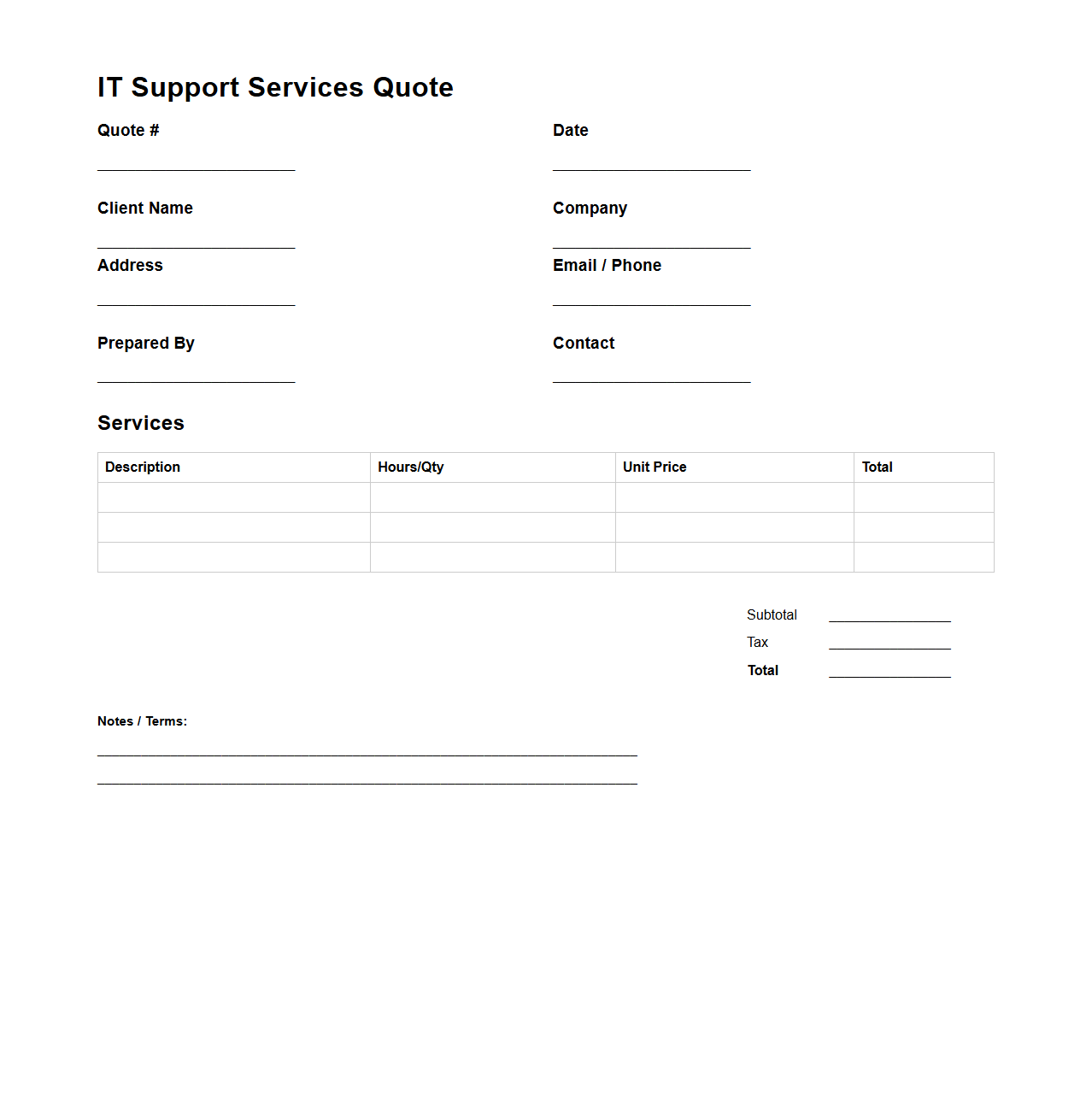 Blank IT Support Services Quote Layout