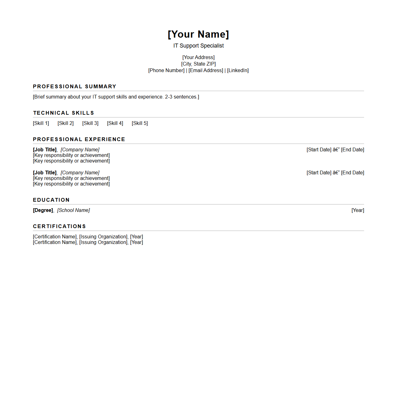 Blank IT Support Specialist Resume Template