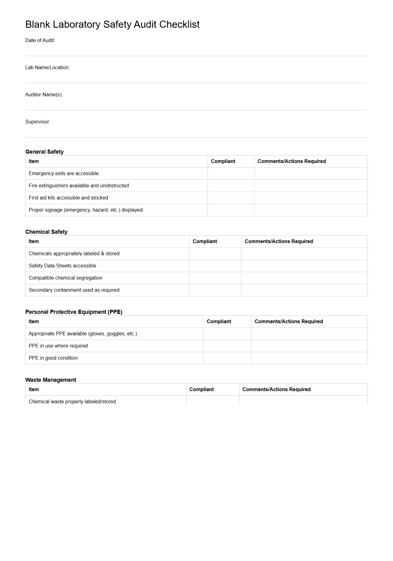 Blank Laboratory Safety Audit Checklist Template