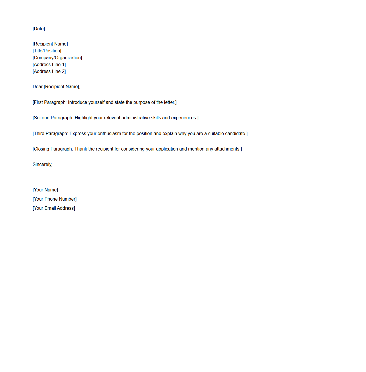 Blank Letter Template for Administrative Cover Letter