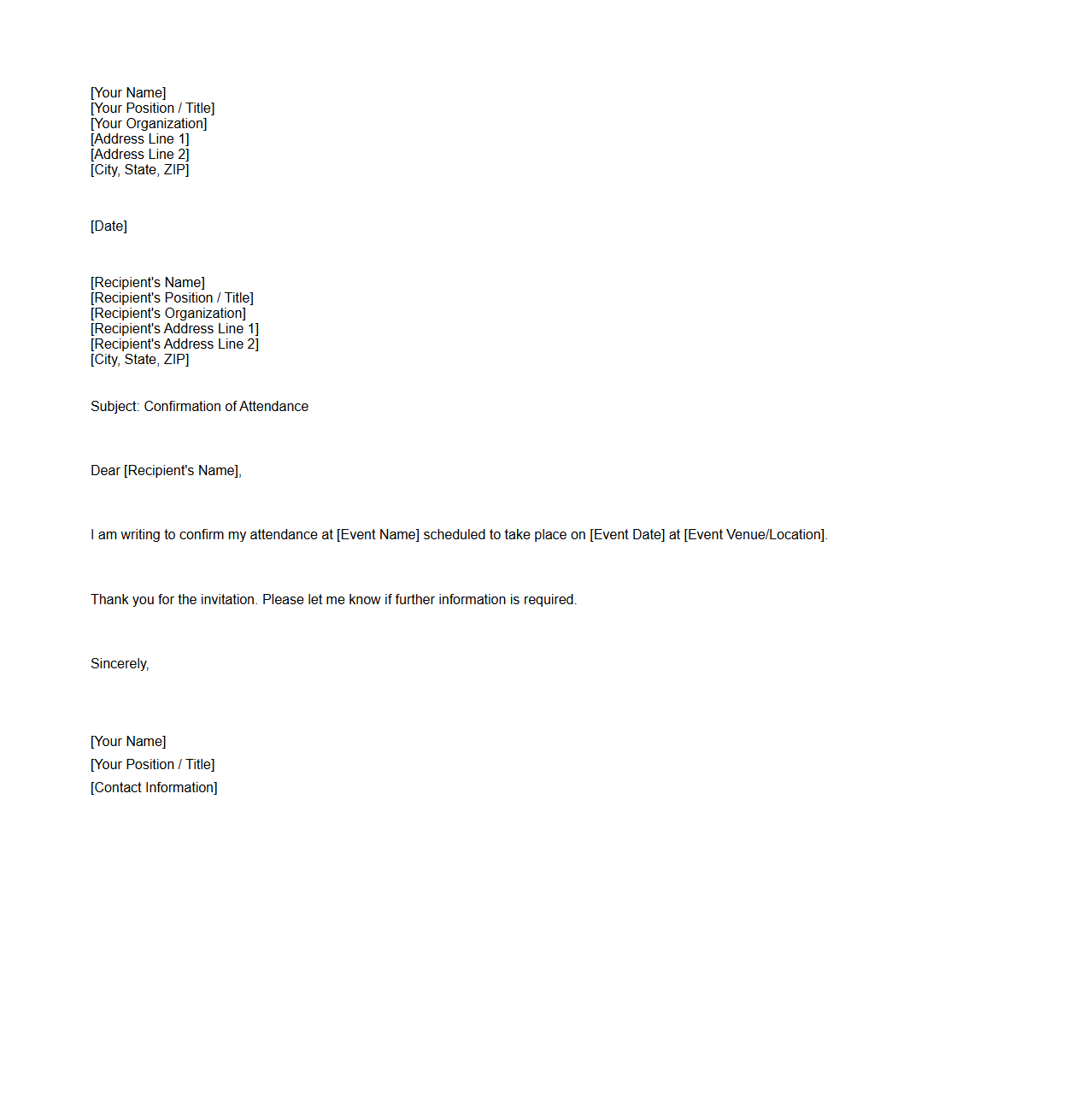 Blank Letter Template for Confirmation of Attendance