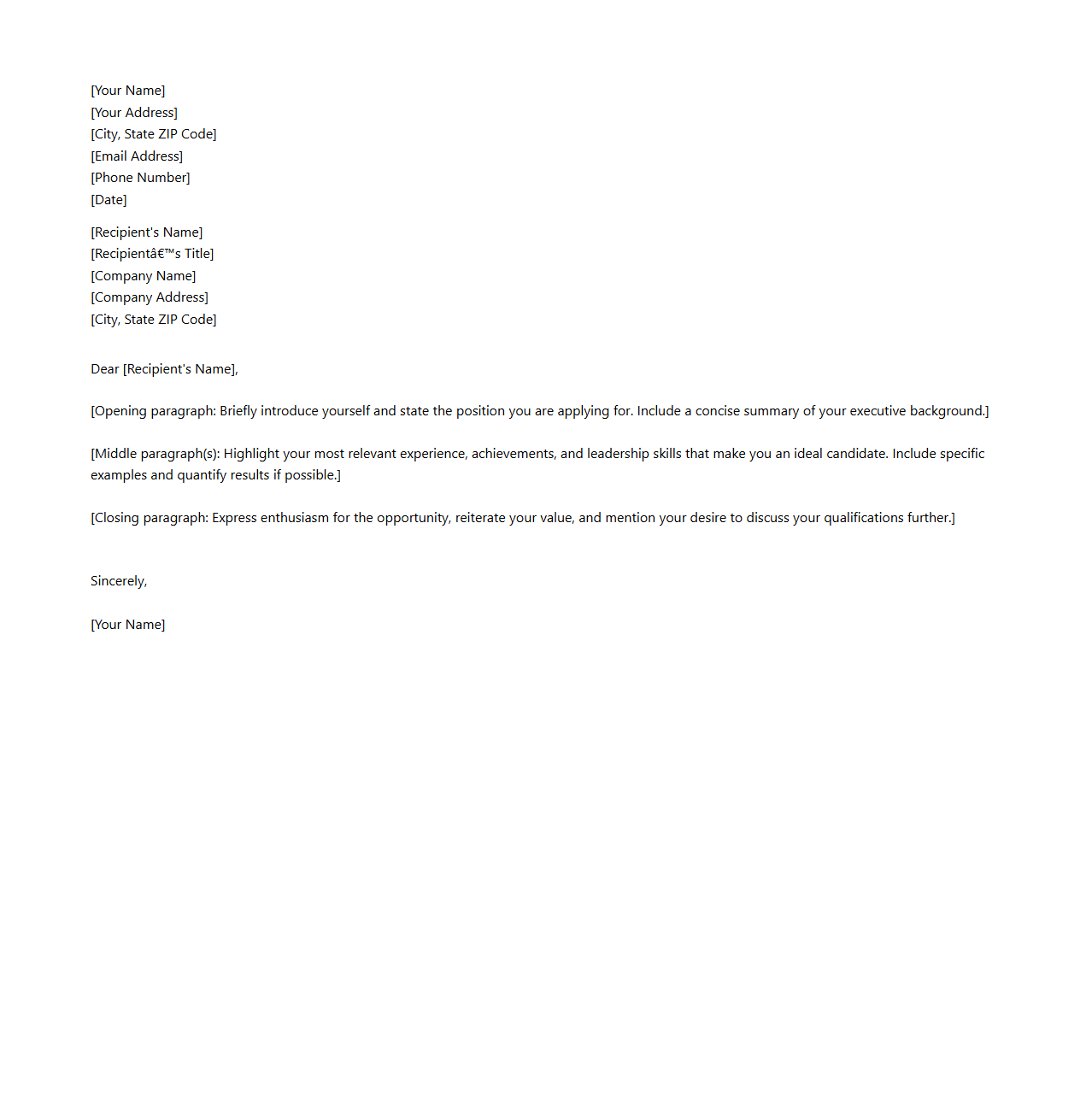 Blank Letter Template for Executive Cover Letter