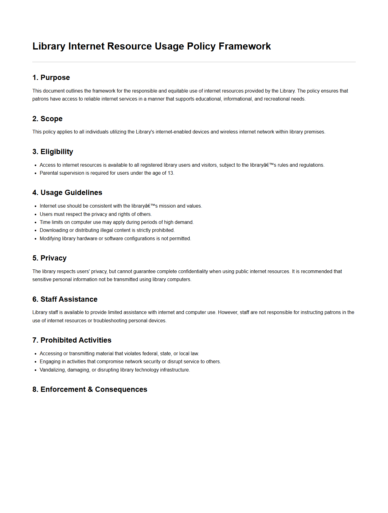 Blank Library Internet Resource Usage Policy Framework