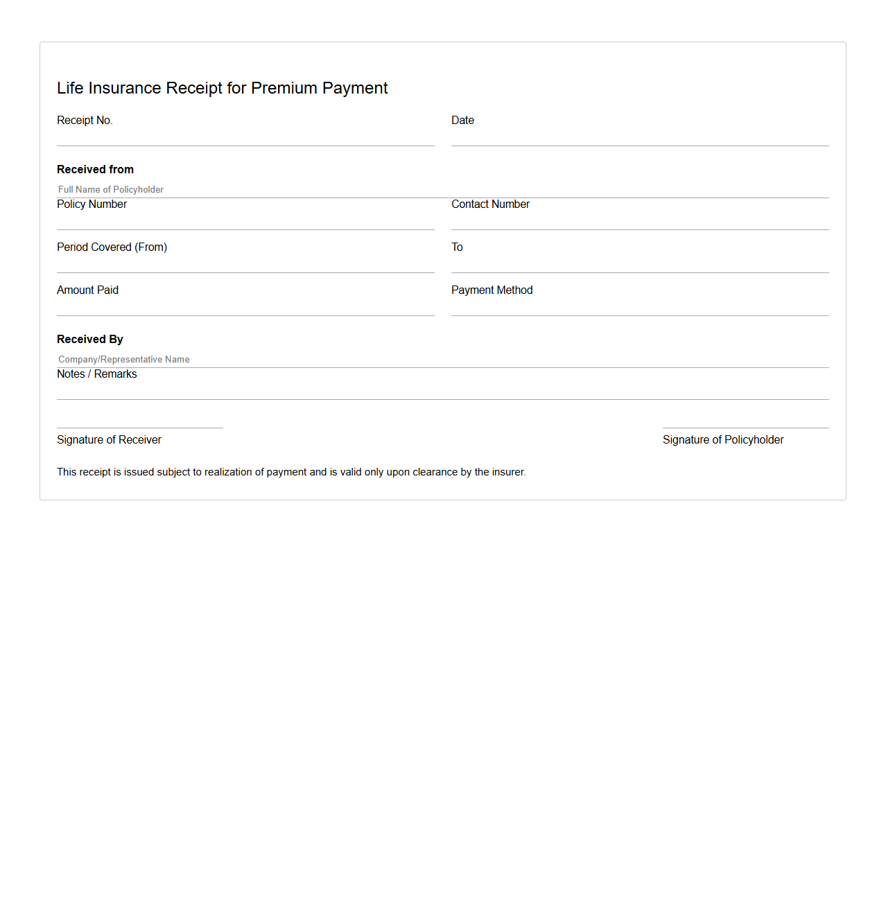 Blank Life Insurance Receipt for Premium Payment