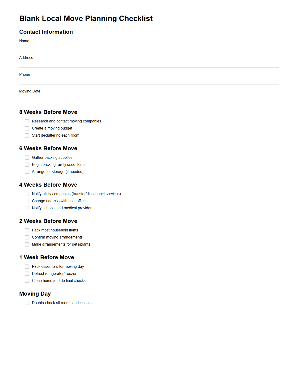 Blank Local Move Planning Checklist