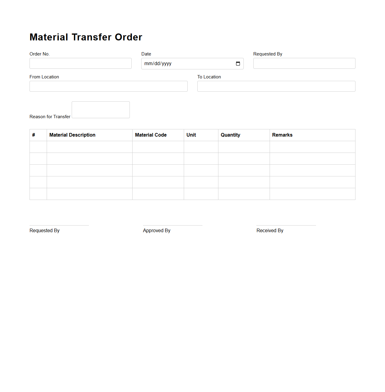 Blank Material Transfer Order Template