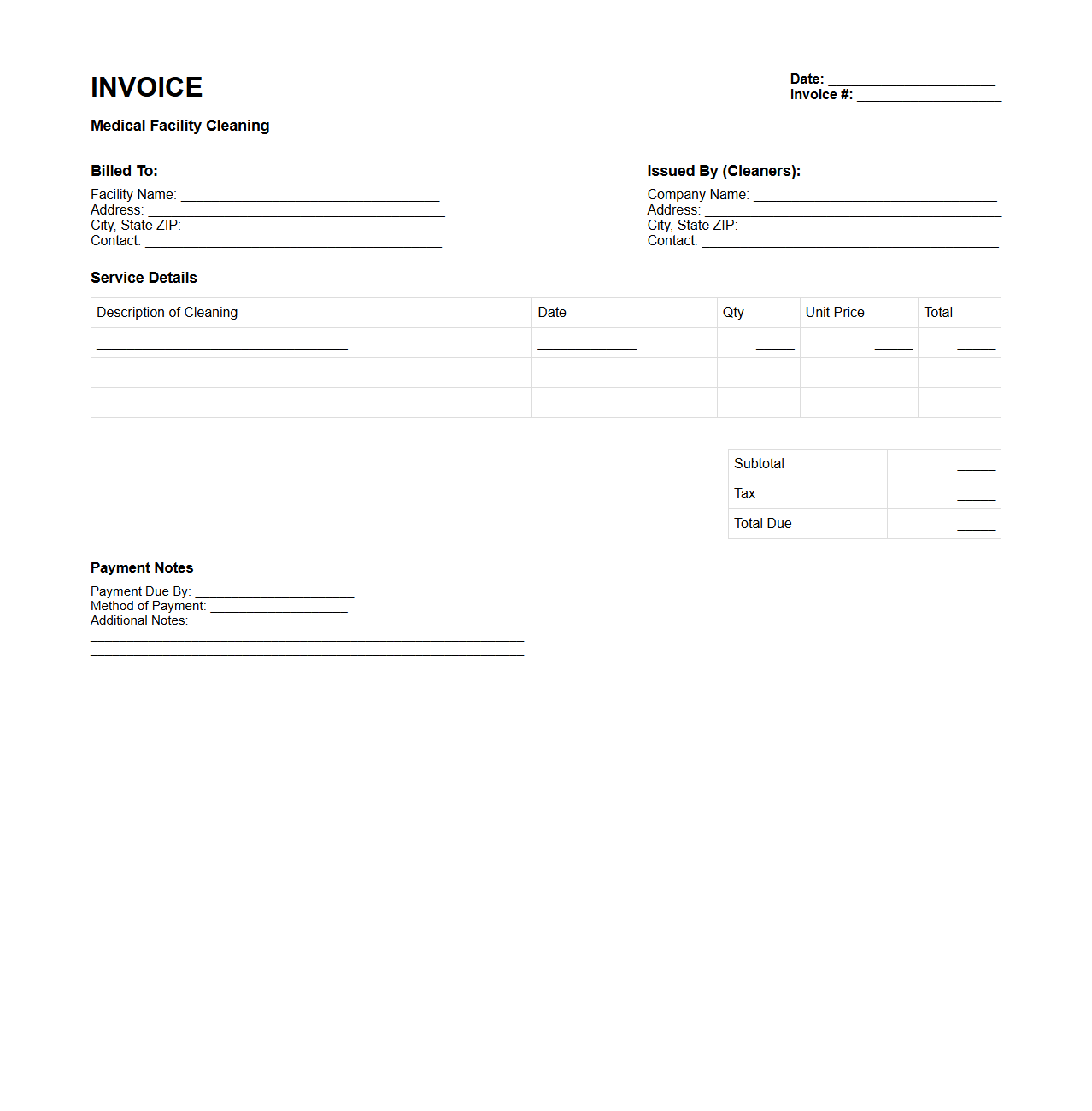 Blank Medical Facility Cleaning Invoice Template