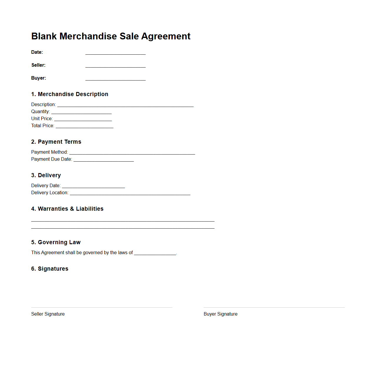 Blank Merchandise Sale Agreement Template