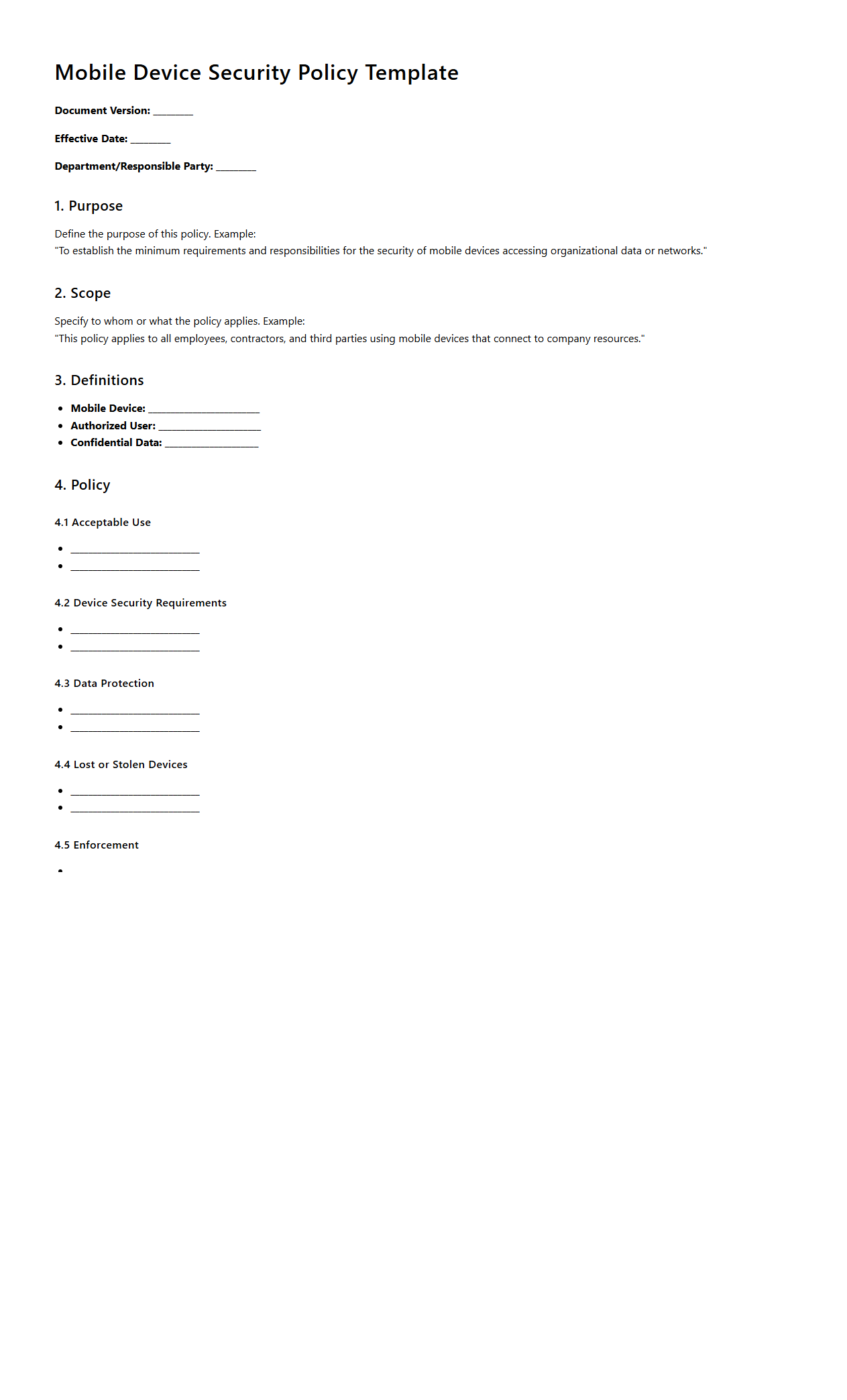 Blank Mobile Device Security Policy Template for IT Management