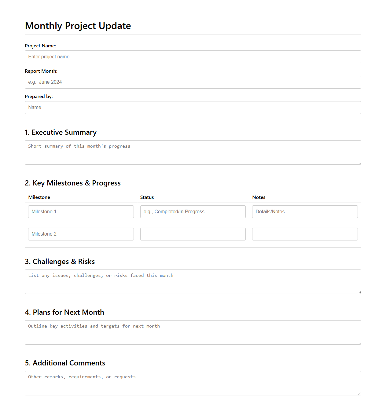 Blank Monthly Project Update Template