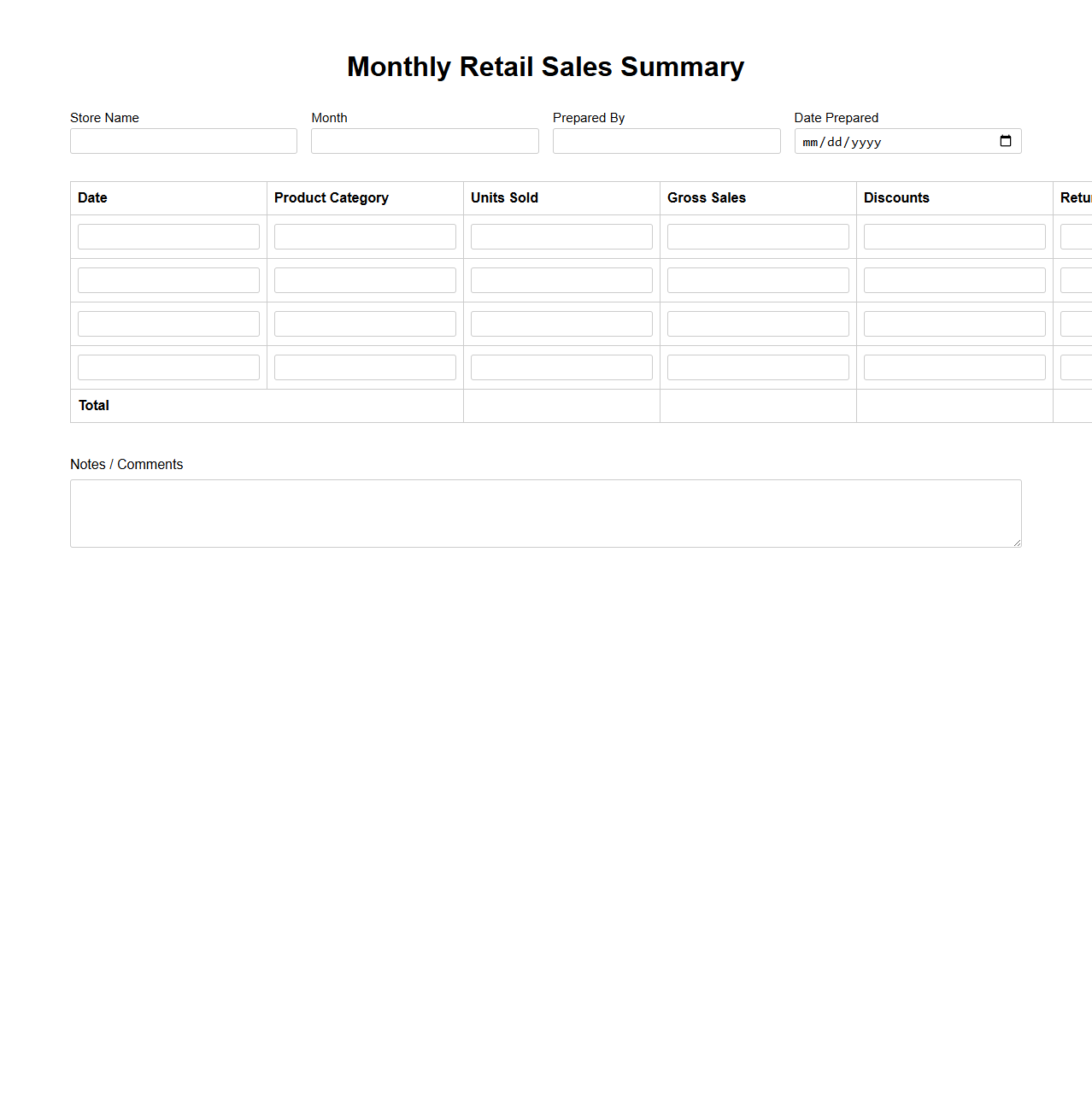 Blank Monthly Retail Sales Summary Template