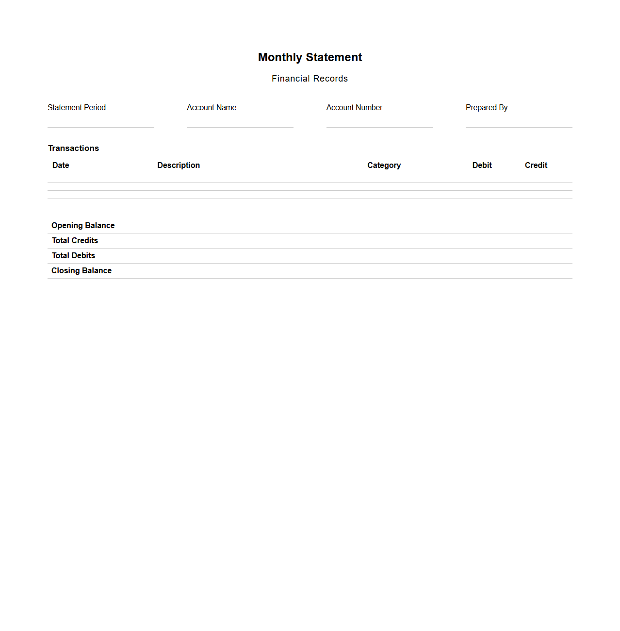 Blank Monthly Statement Template for Financial Records