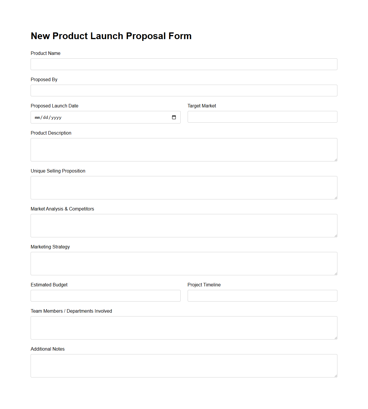 Blank New Product Launch Proposal Form