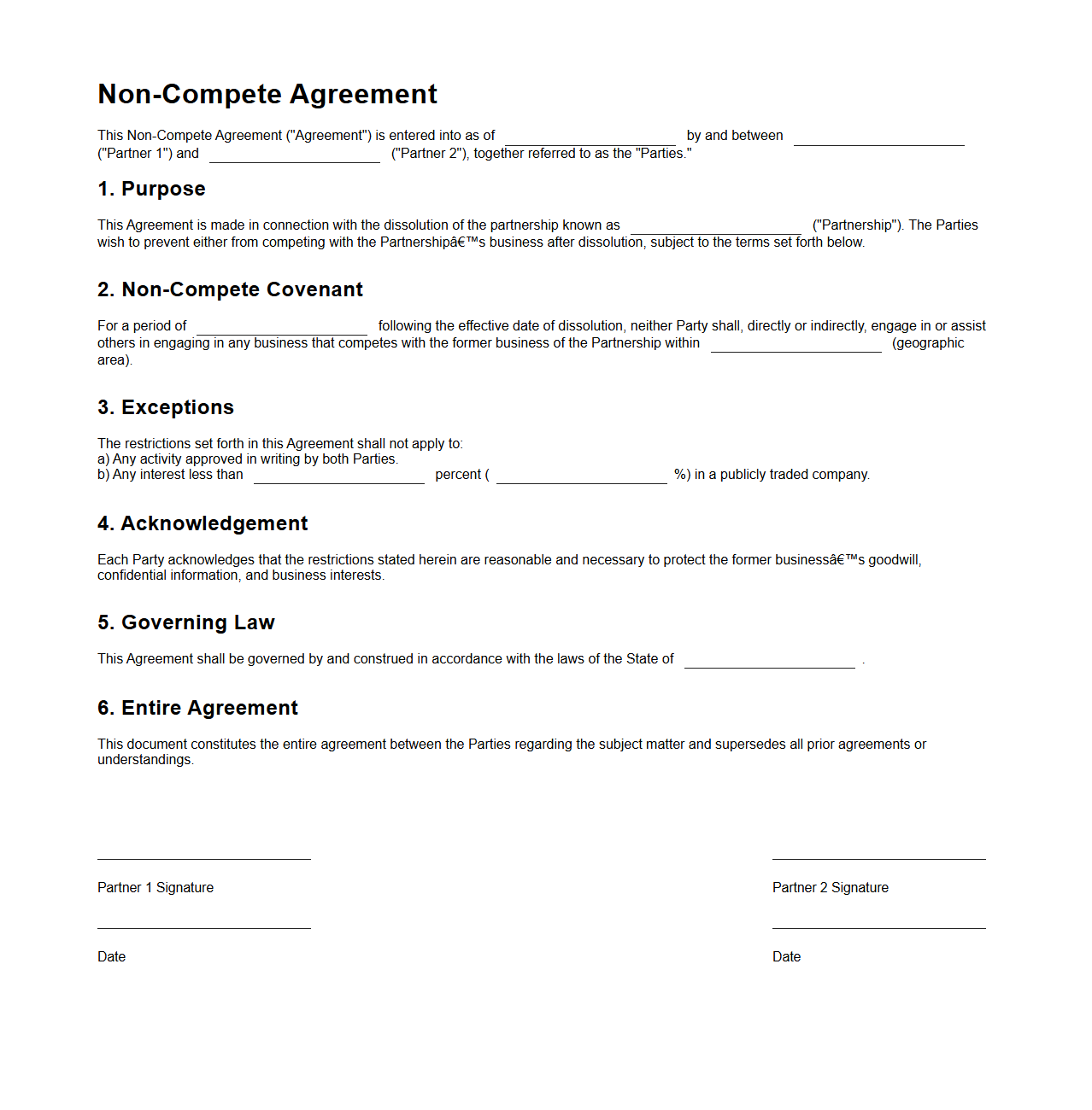 Blank Non-Compete Agreement Template for Partnership Dissolution