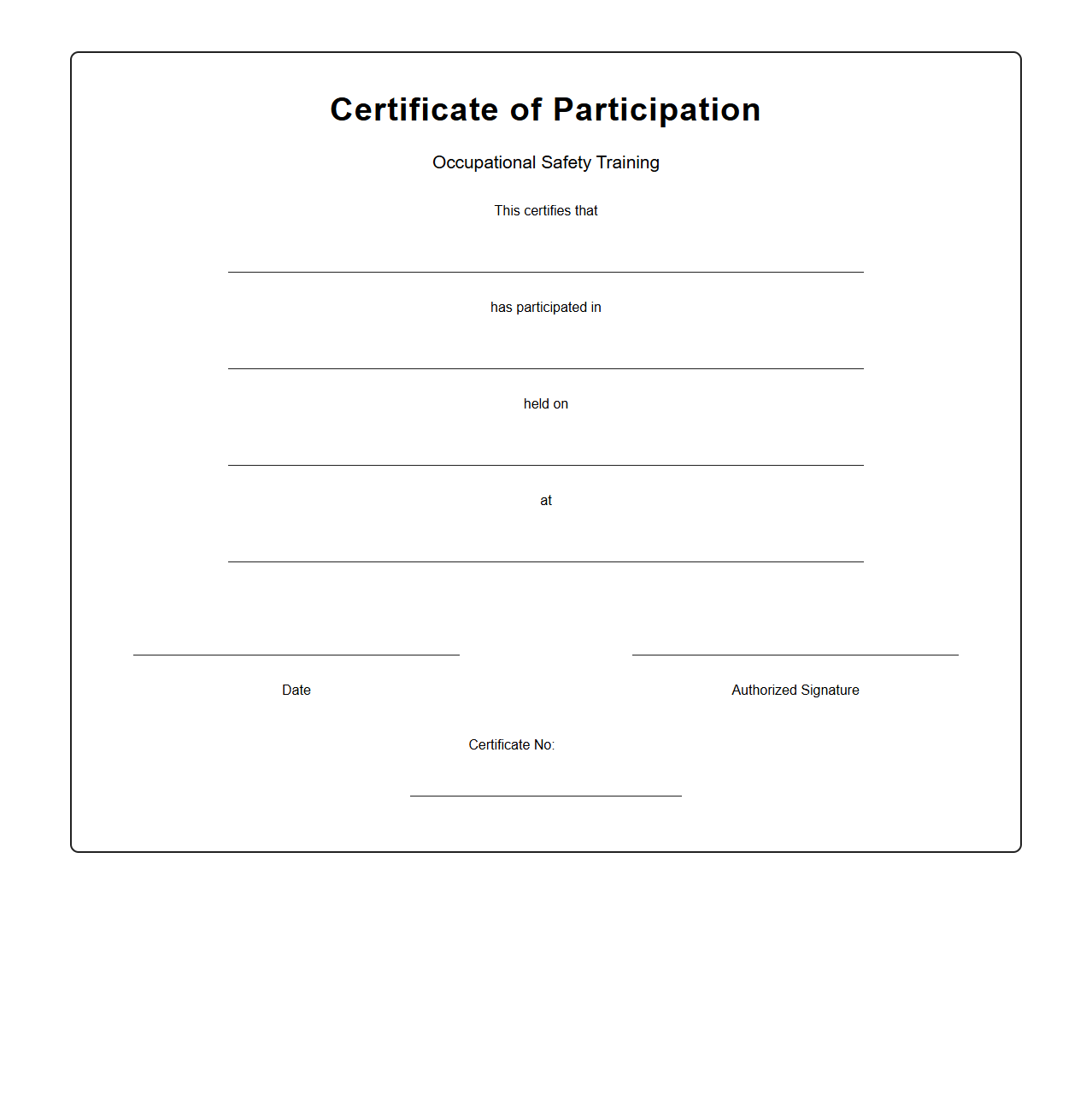 Blank Occupational Safety Participation Certificate