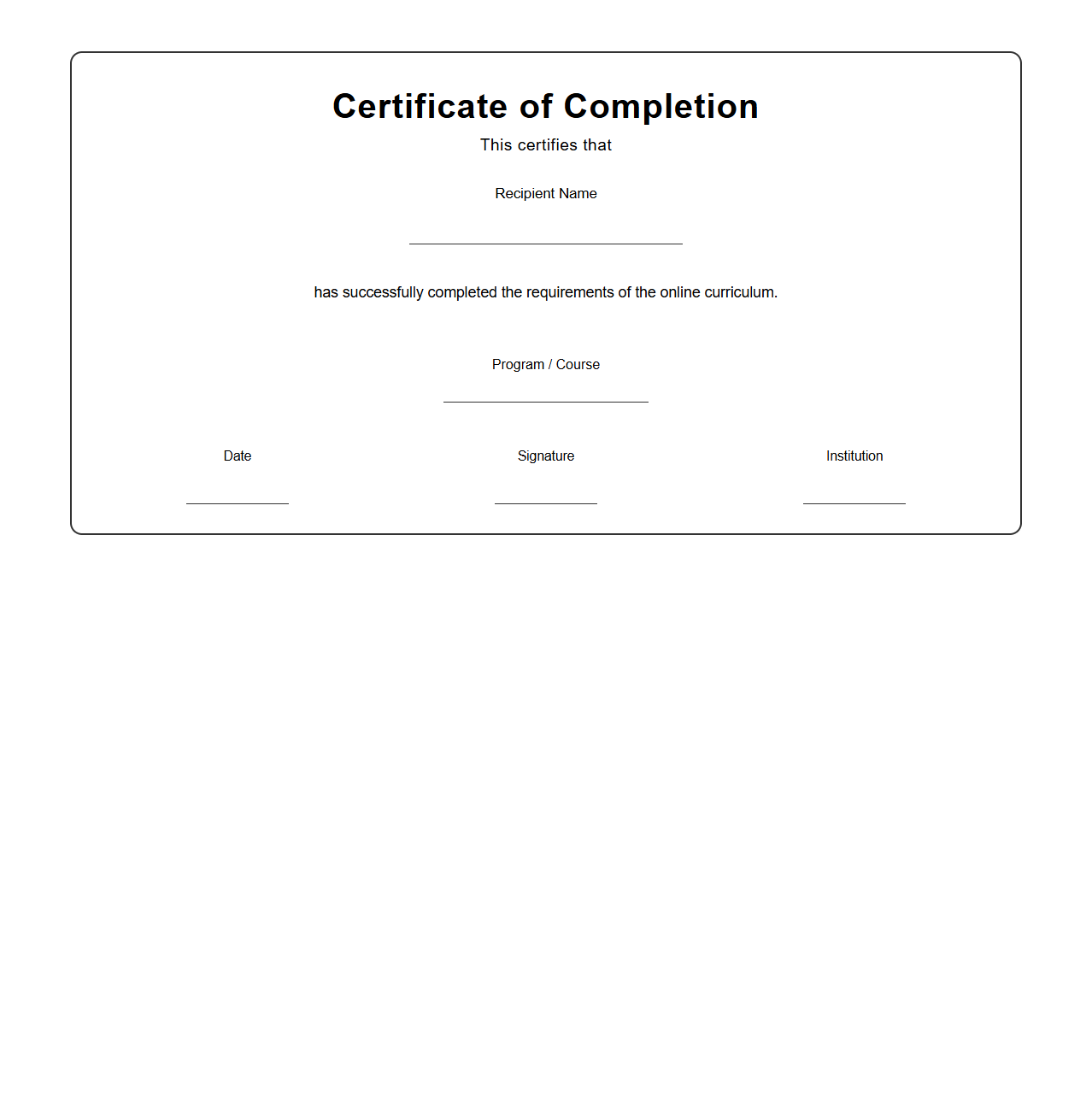 Blank Online Curriculum Completion Award Template