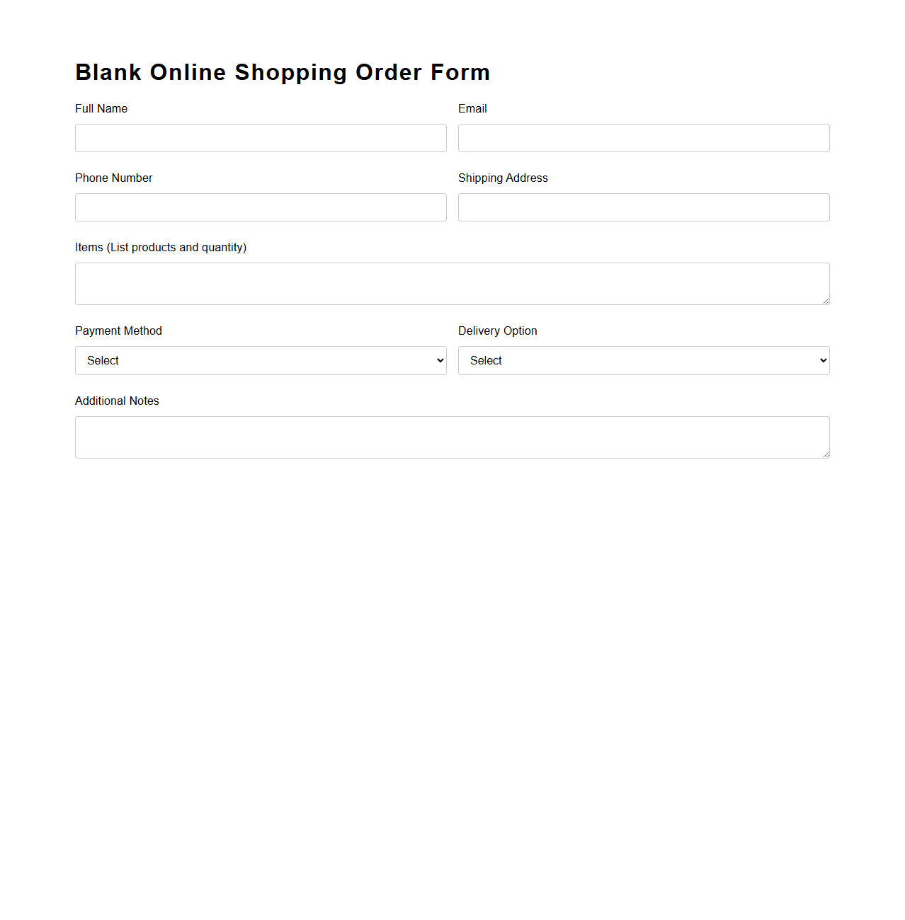 Blank Online Shopping Order Form