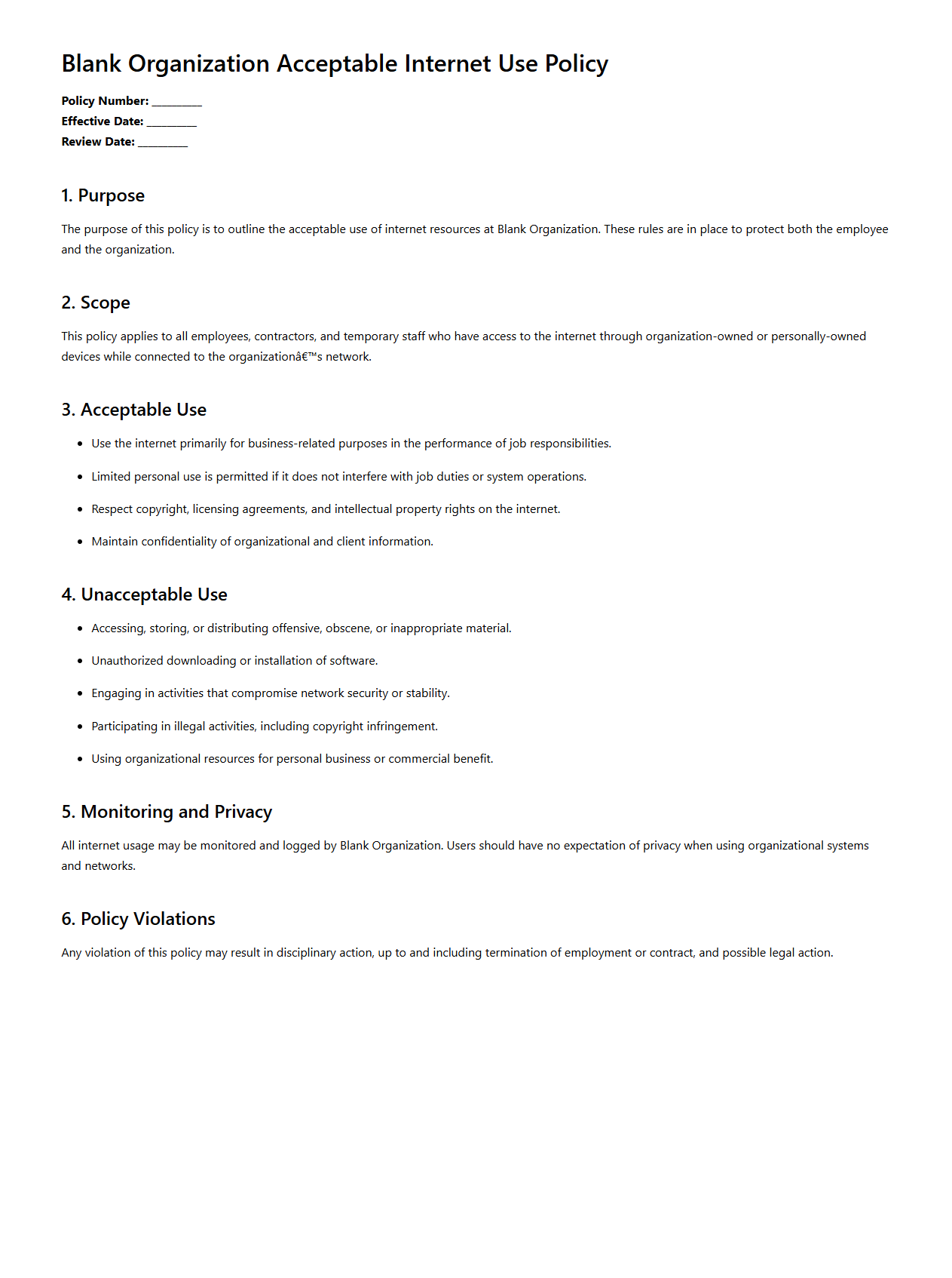 Blank Organization Acceptable Internet Use Policy