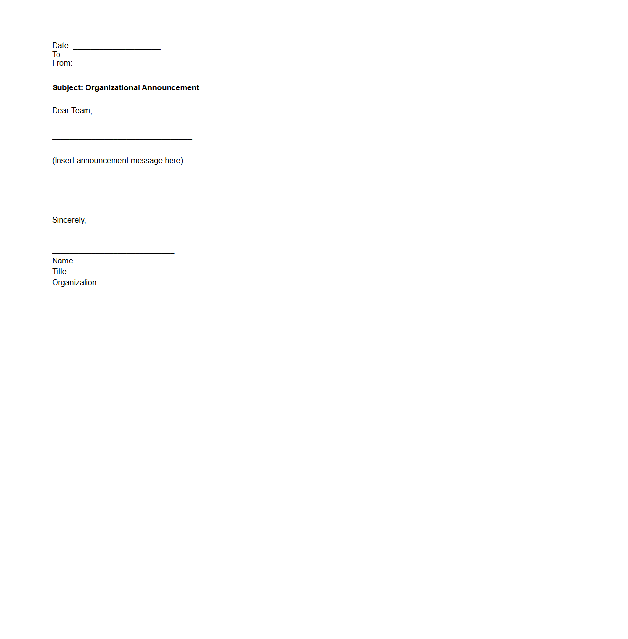 Blank Organizational Announcement Letter Template