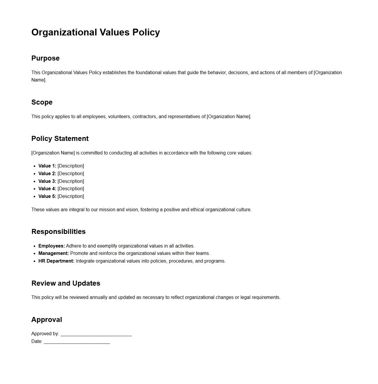 Blank Organizational Values Policy Template
