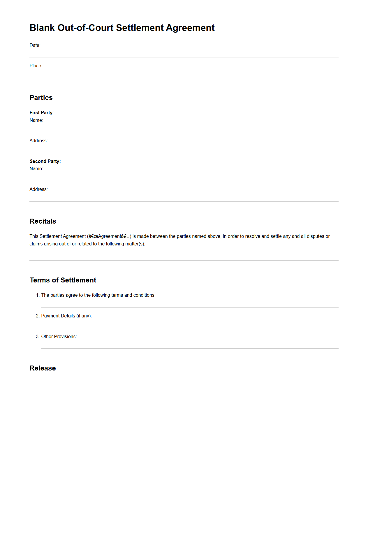 Blank Out-of-Court Settlement Agreement Template
