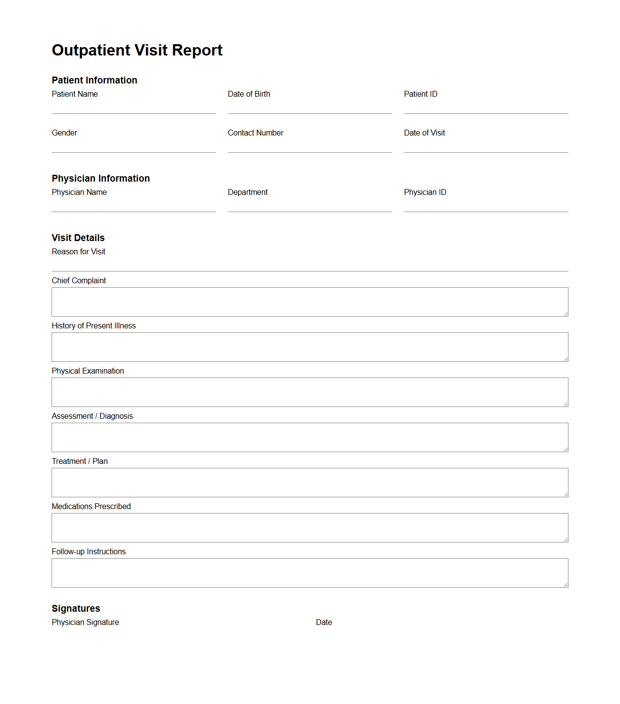Blank Outpatient Visit Report Template