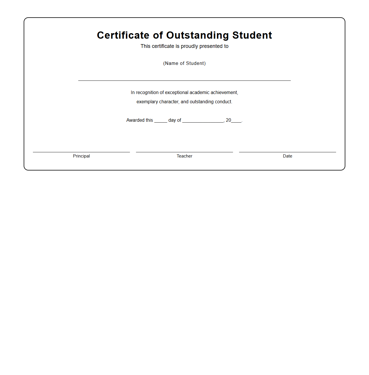 Blank Outstanding Student Certificate Template