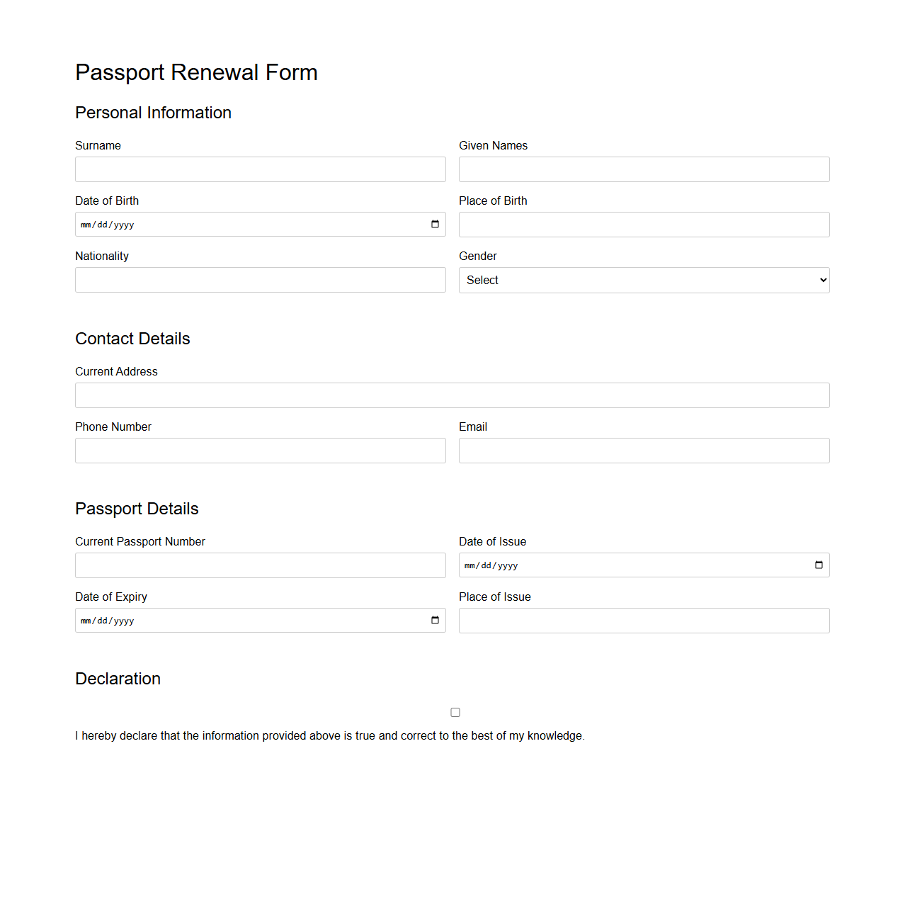 Blank Passport Renewal Form Template for International Travel