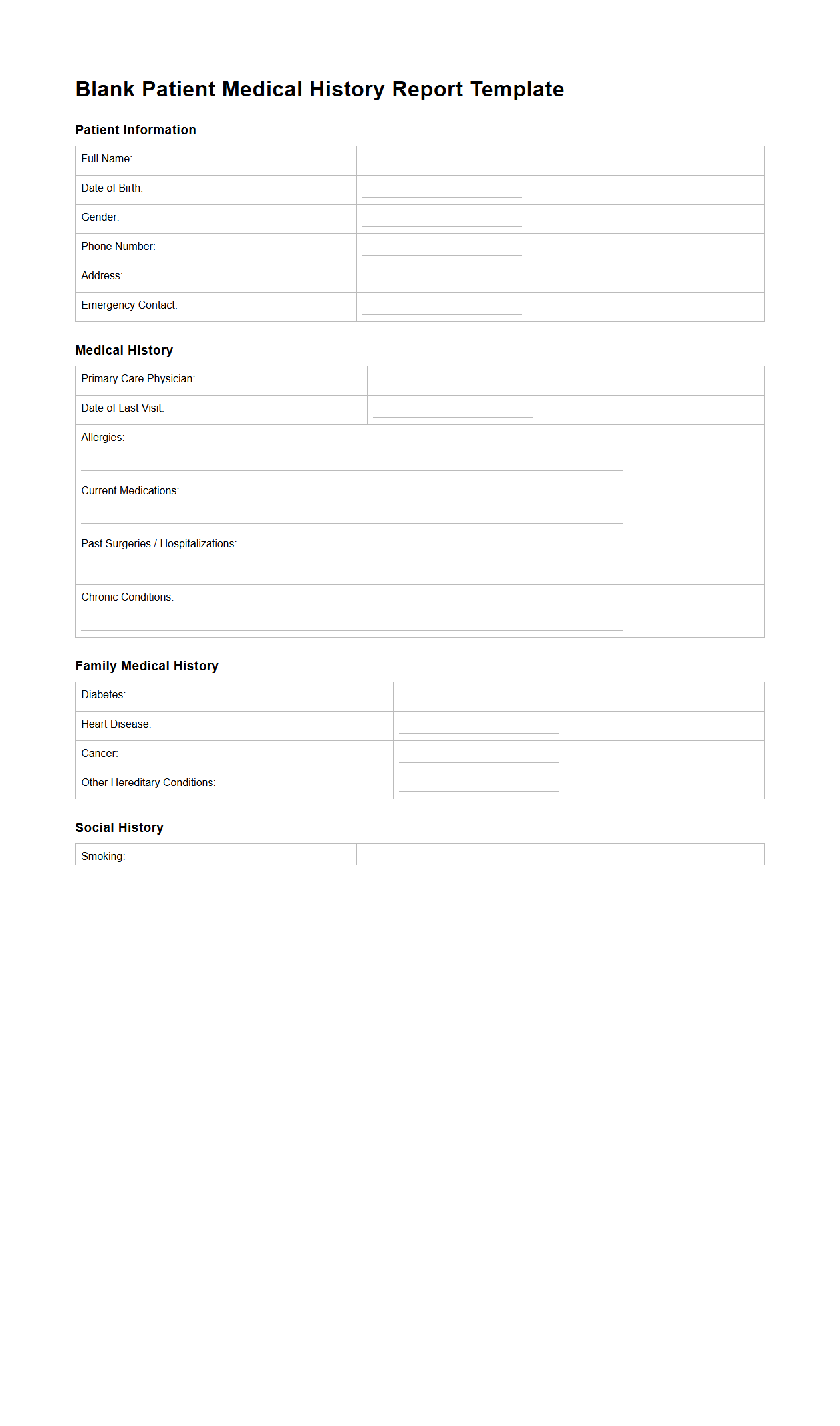 Blank Patient Medical History Report Template