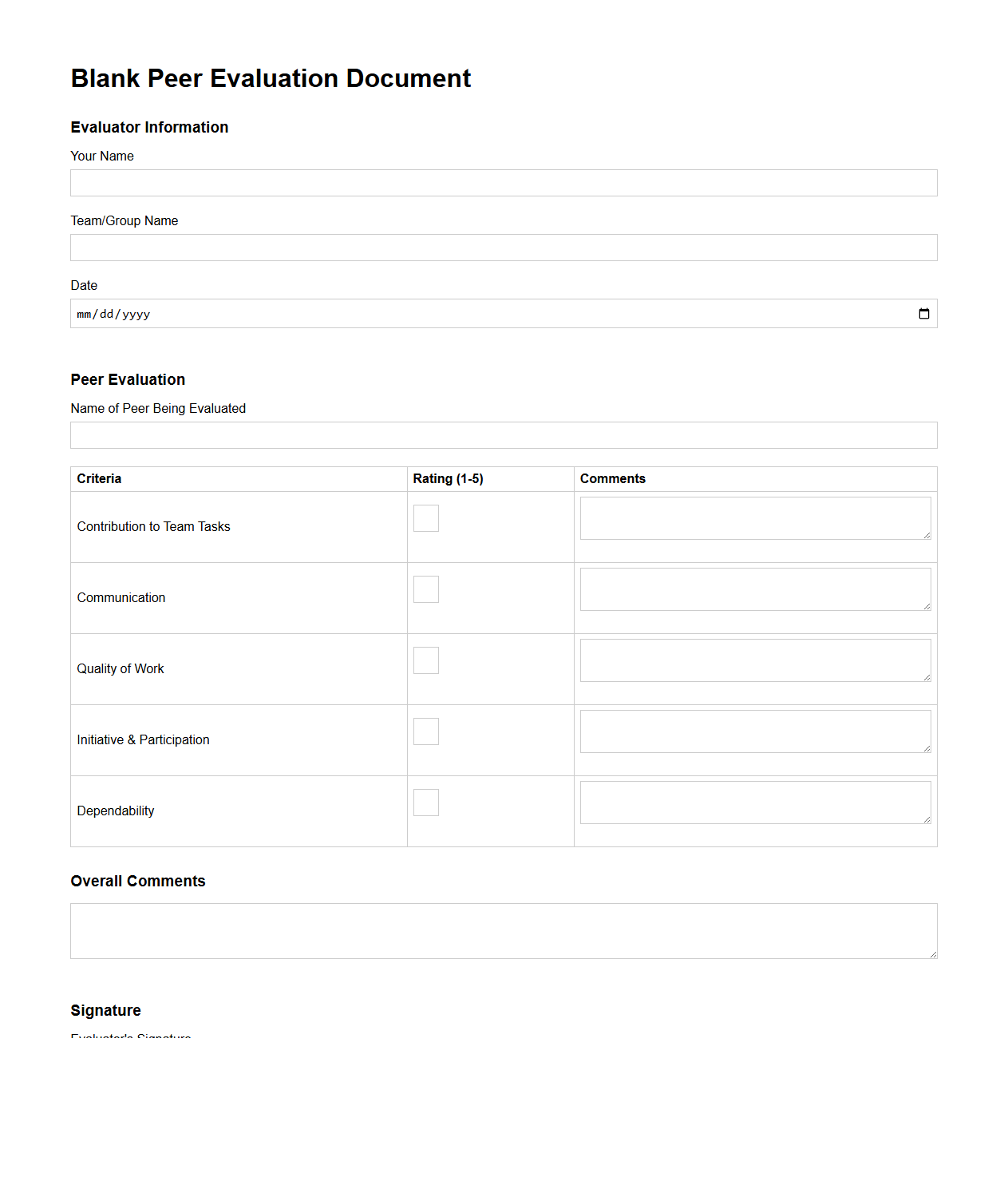 Blank Peer Evaluation Document Template