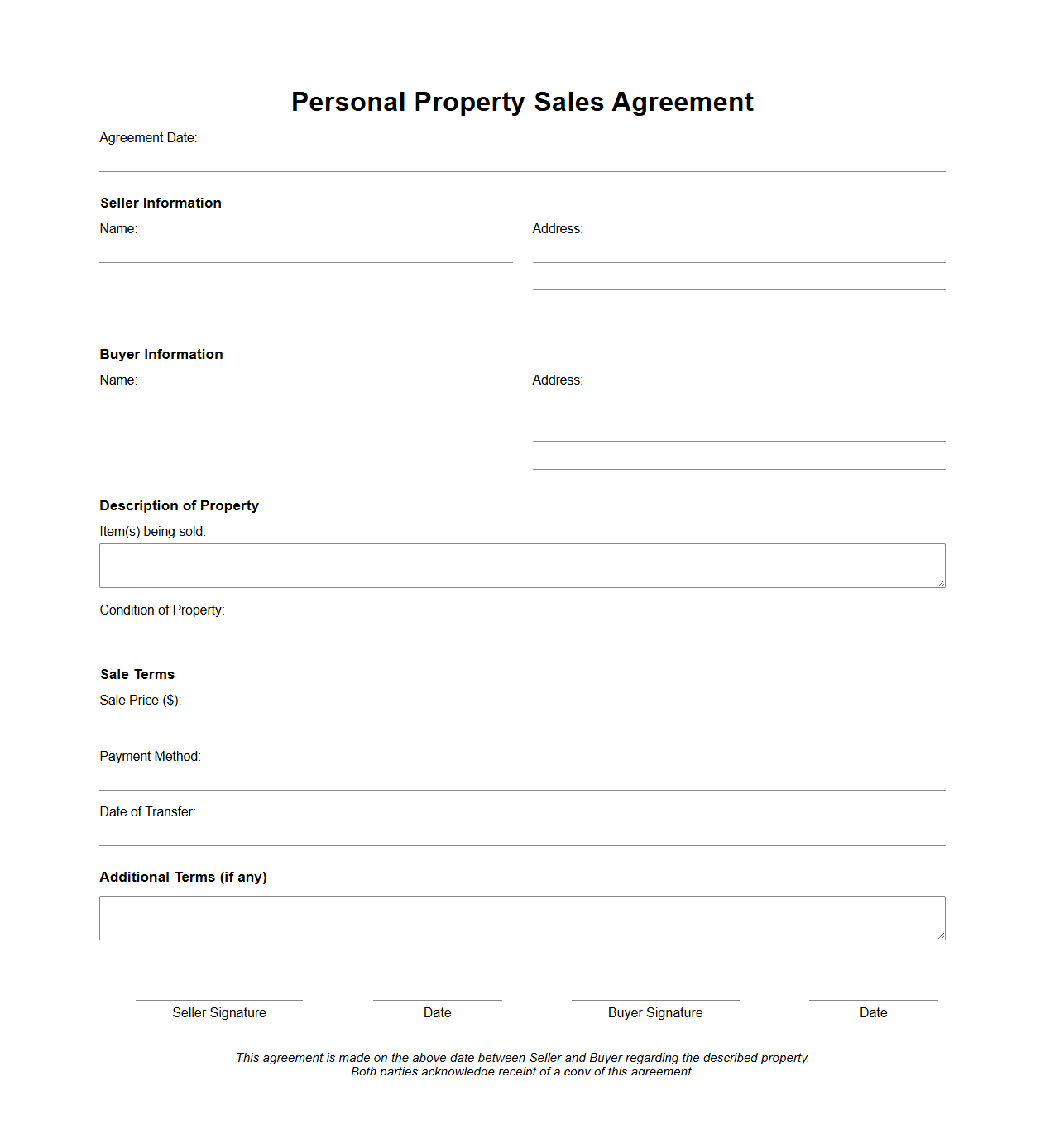 Blank Personal Property Sales Agreement Form