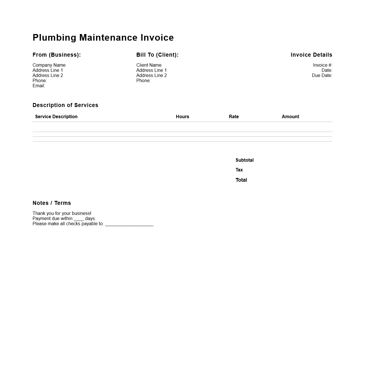 Blank Plumbing Maintenance Invoice Template