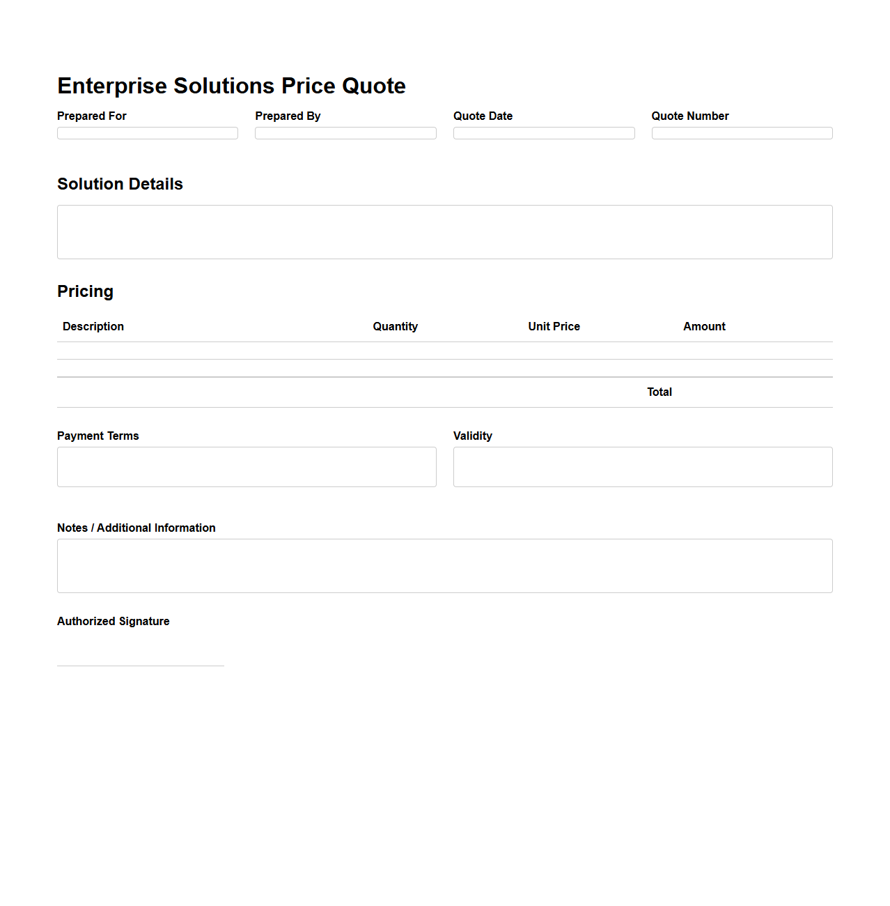 Blank Price Quote Template for Enterprise Solutions