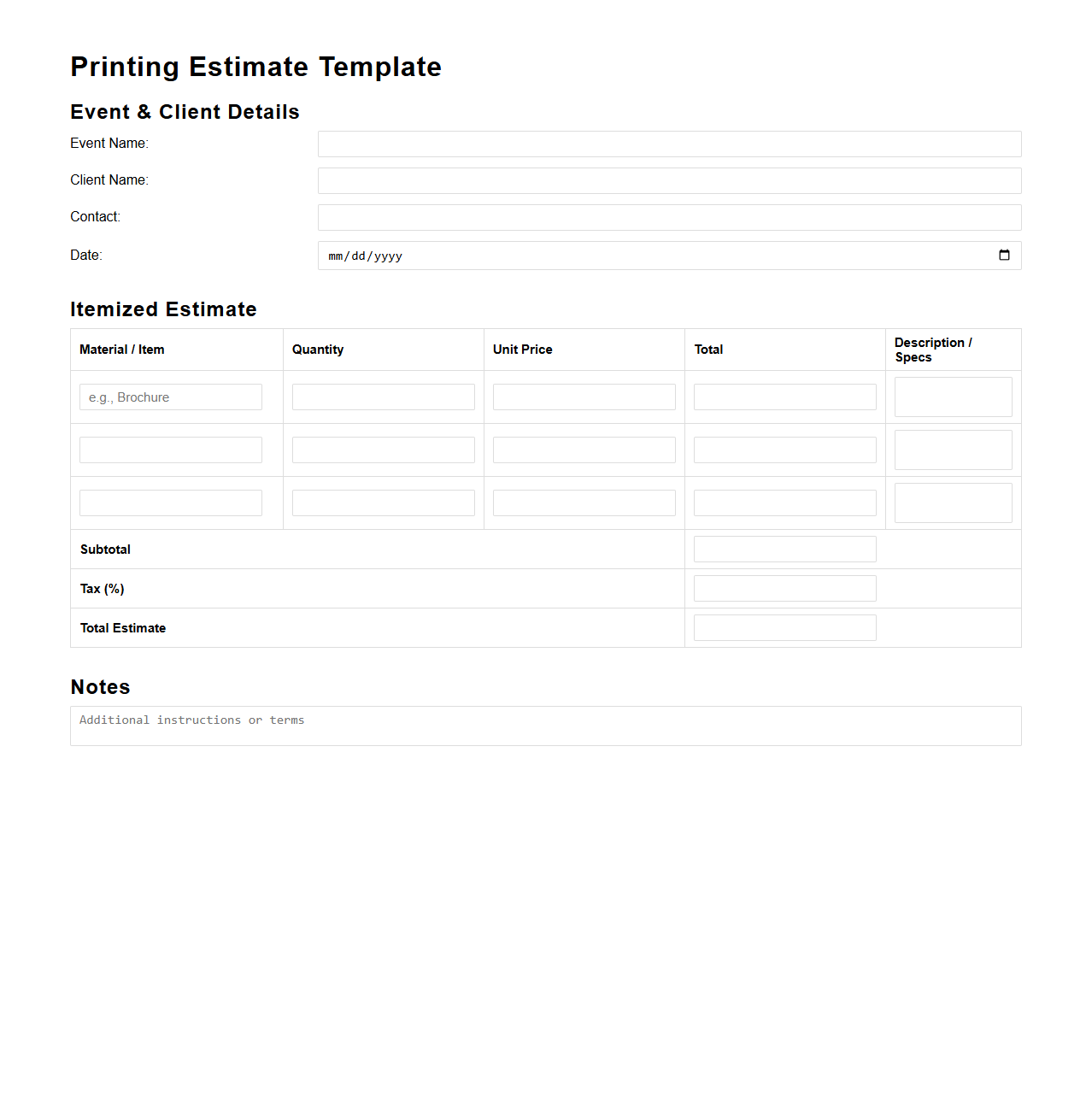 Blank Printing Estimate Template for Event Materials