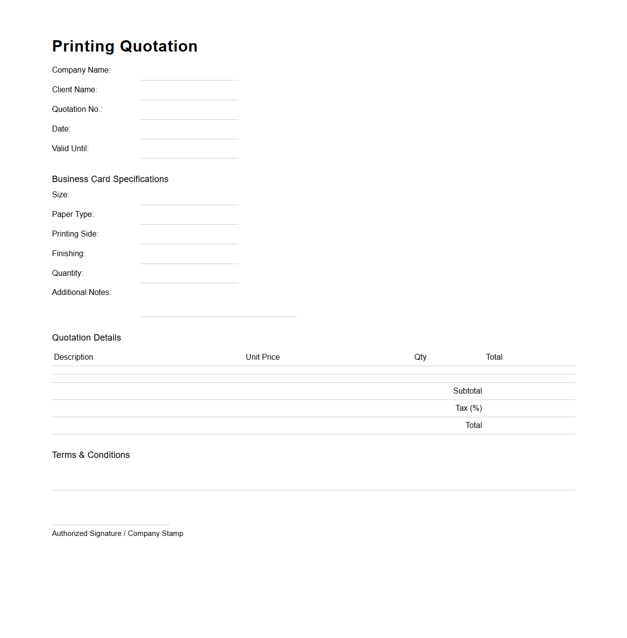 Blank Printing Quotation Template for Business Cards