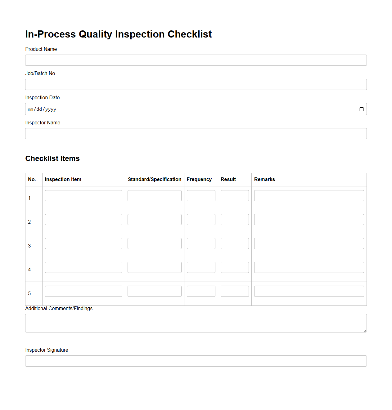 Blank In-Process Quality Inspection Checklist for Manufacturing