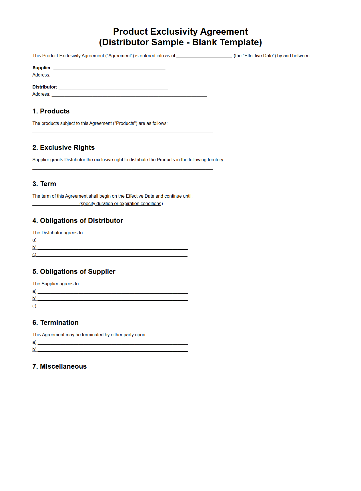 Blank Product Exclusivity Agreement Example for Distributors