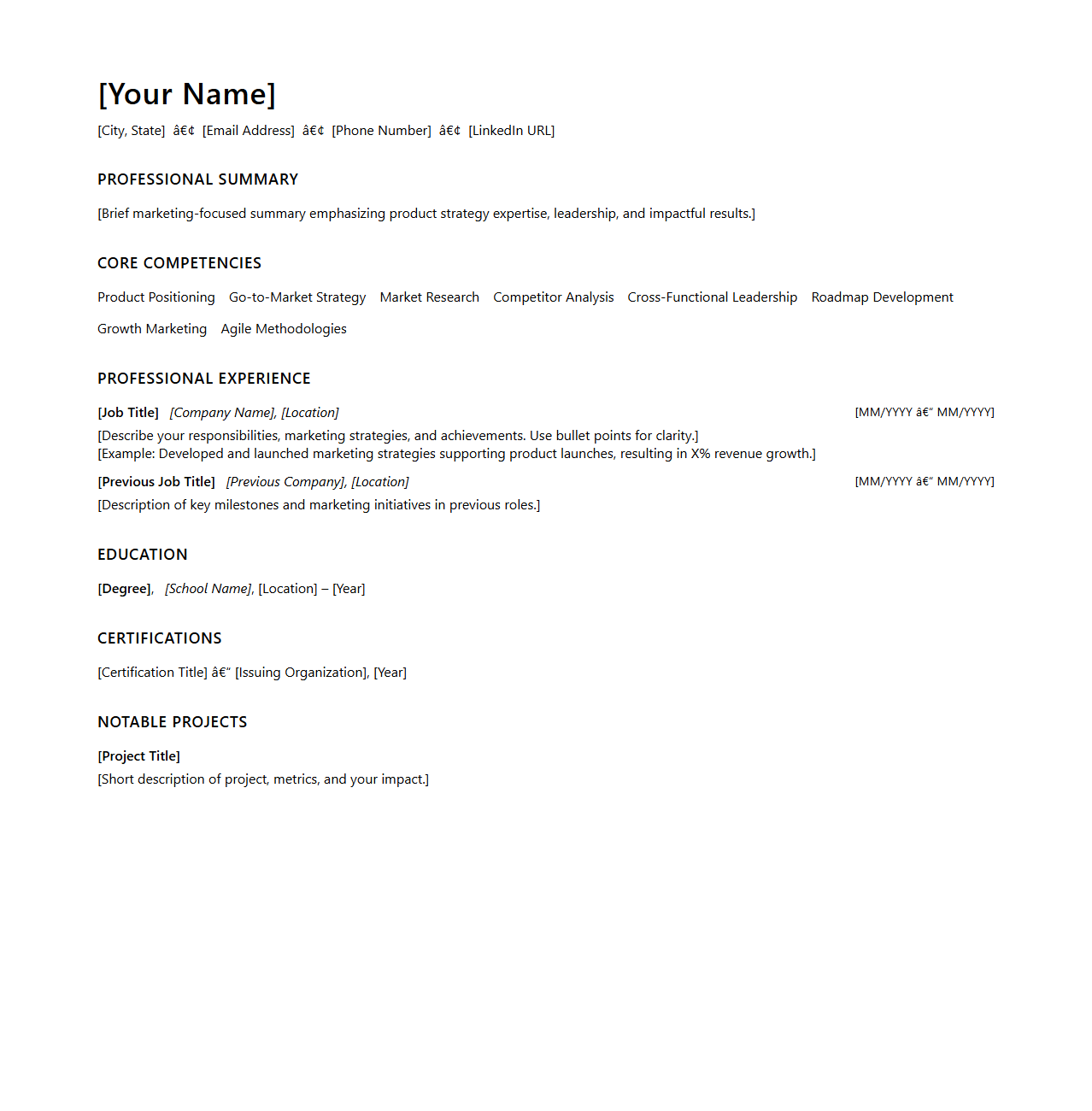 Blank Product Marketing Resume Template for Product Strategists