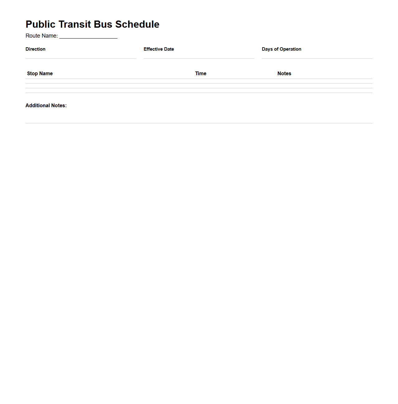 Blank Public Transit Bus Schedule Layout